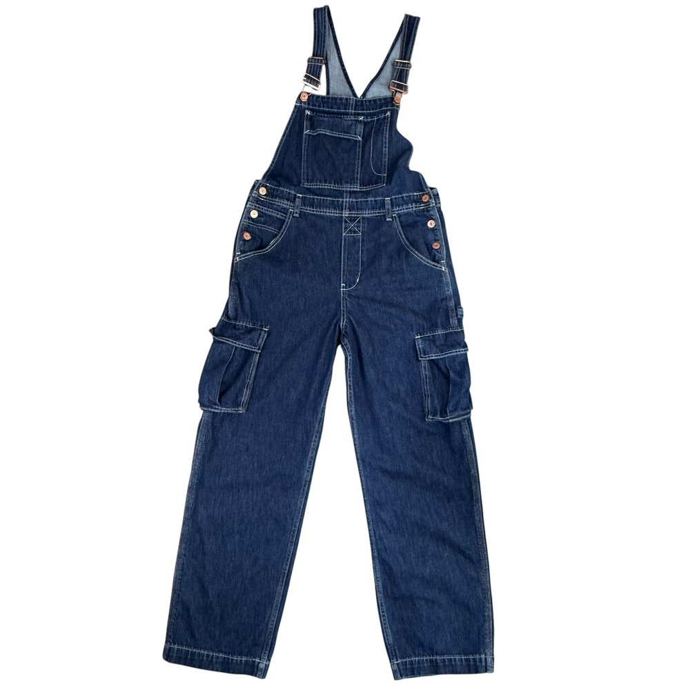 Gap Denim Overalls Women M Blue Dark Wash Carpenter Utility Cotton Straight Leg